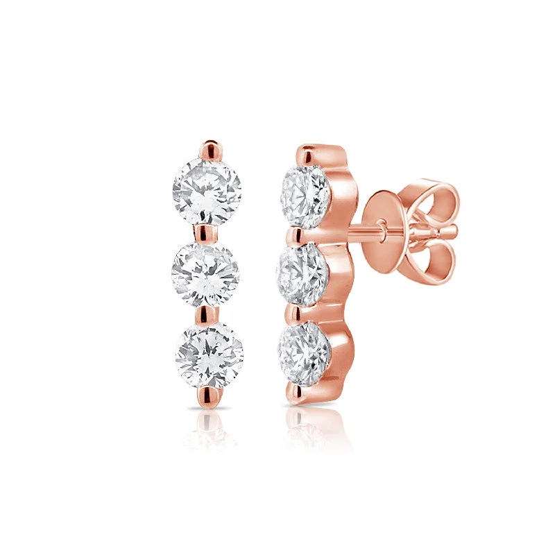 women's earrings with platinum finish -14K Rose Gold Triple Diamond Bar Earrings