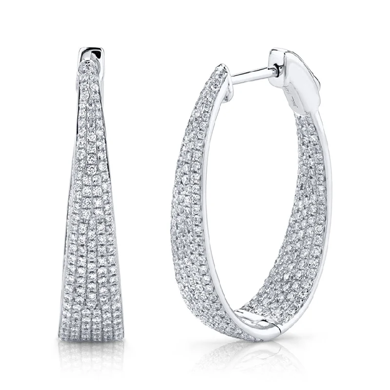 women's earrings with statement look -14K White Gold Diamond Oval Graduating Hoops