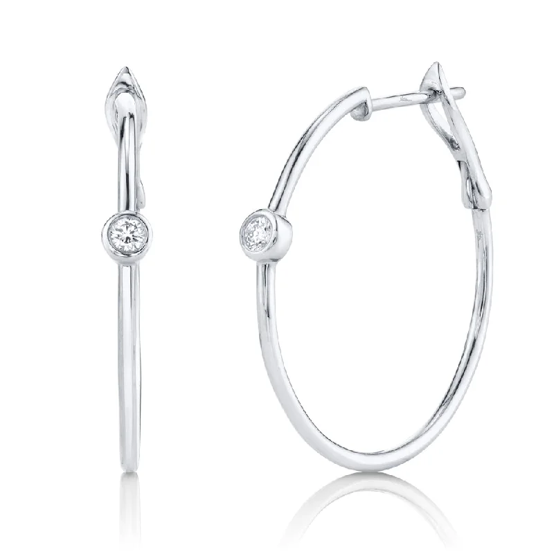 women's earrings with artistic look -14K White Gold Diamond Bezel Hoop Earring