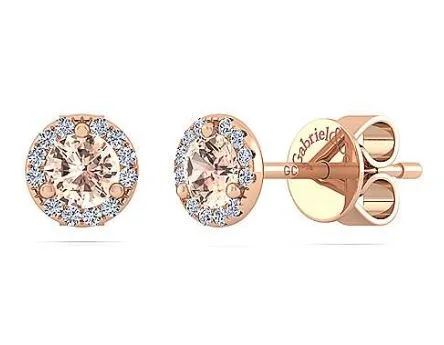 women's earrings with round diamonds -14K Rose Gold Diamond + Morganite Stud Earrings