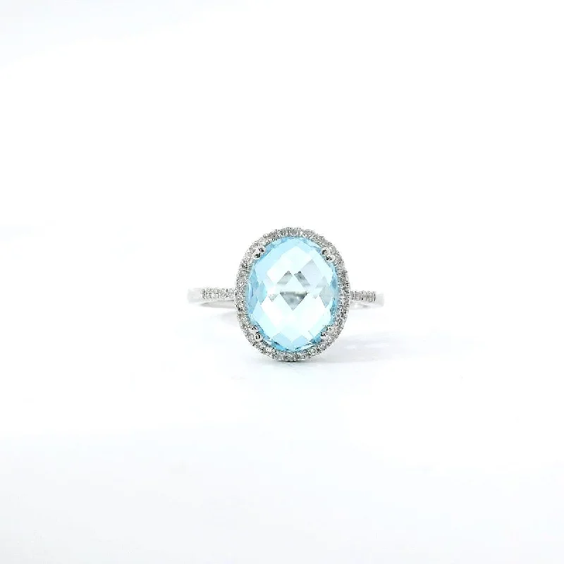 women's engagement rings with white gold band -14K White Gold Swiss Blue Topaz Ring with Diamond Halo and Accents