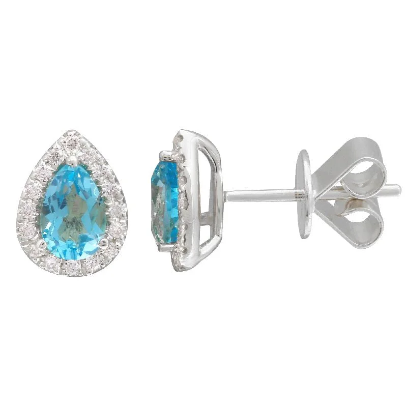 women's earrings with geometric pendant -14k WhiteLondon Blue Topaz  & Diamond Pear Gemstone Earrings