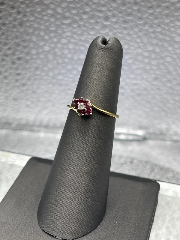 women's engagement rings with three-stone design -Ladies Beautiful 14 Karat Yellow Gold Ruby & Diamond Floral Cluster Ring