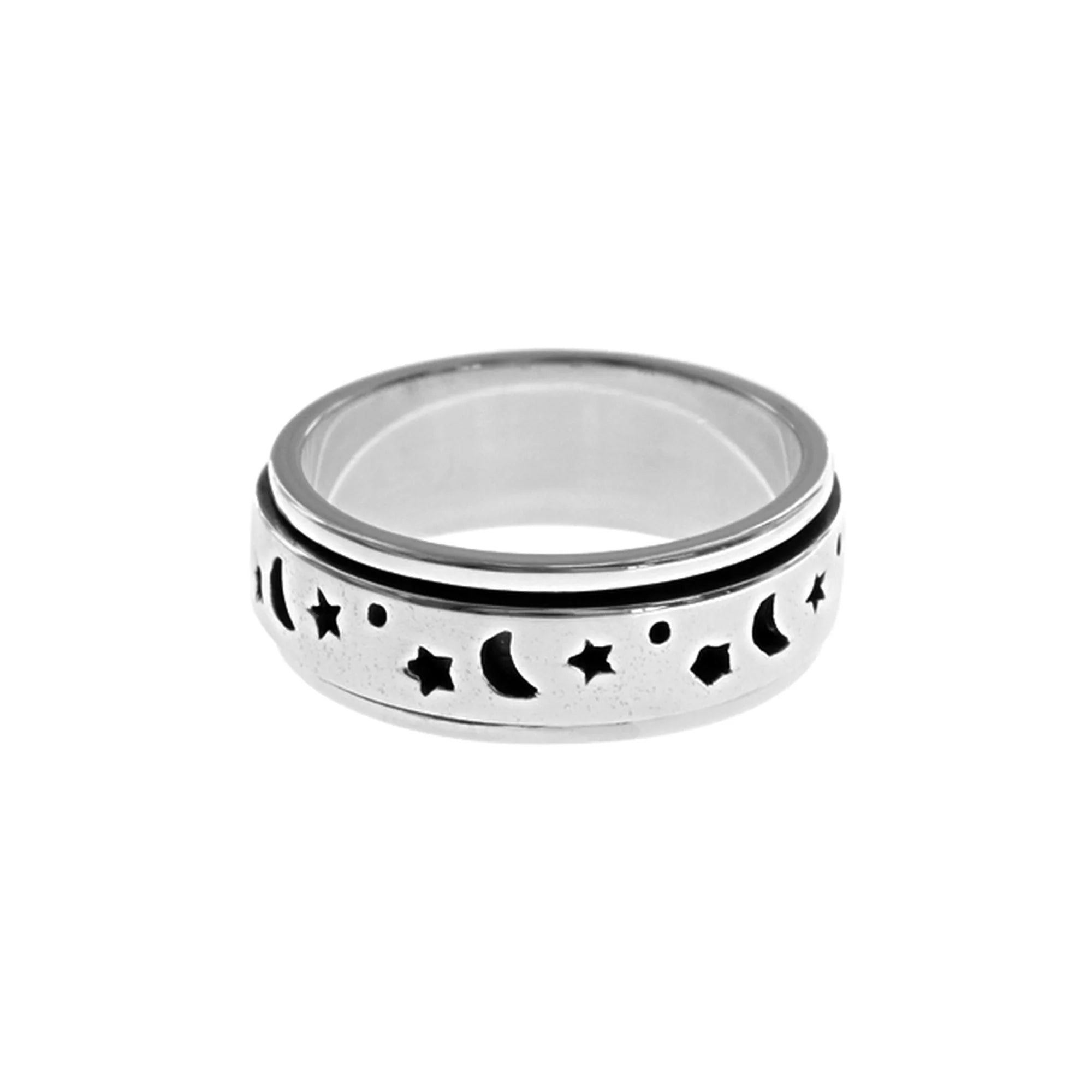 women's rings with diamond cluster -Sterling Silver Moon and Stars Spinning Band Ring