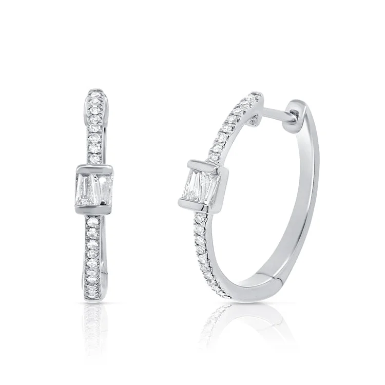 women's earrings with vintage design -14K White Gold Round and Baguette Diamond Hoop Earrings