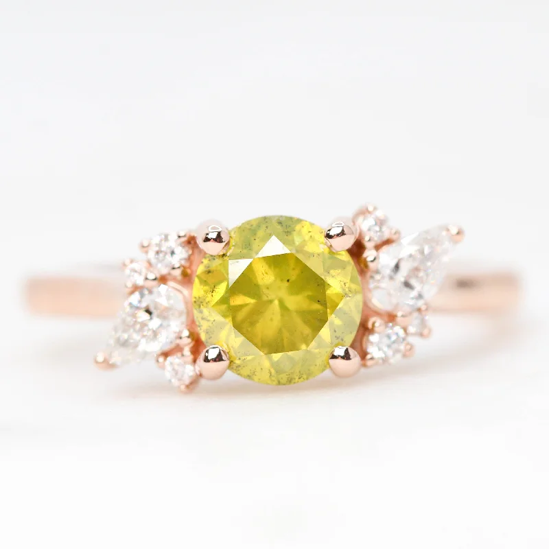 women's engagement rings with pear-shaped diamond -Sable Ring with a 1.38 Carat Yellow-Green Round Diamond and White Accent Diamonds in 14k Rose Gold - Ready to Size and Ship