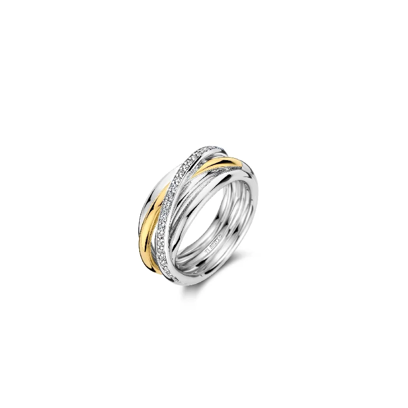 women's rings gold -Ti Sento Gold and Silver Cubic Zirconia Intertwined Bands Ring