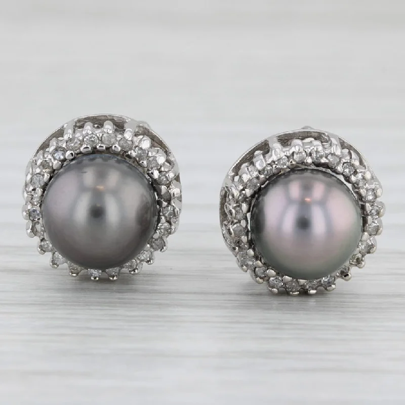 women's earrings with bezel-set stones -Black Cultured Pearl Diamond Halo Stud Earrings 14k White Gold Lia Sophia