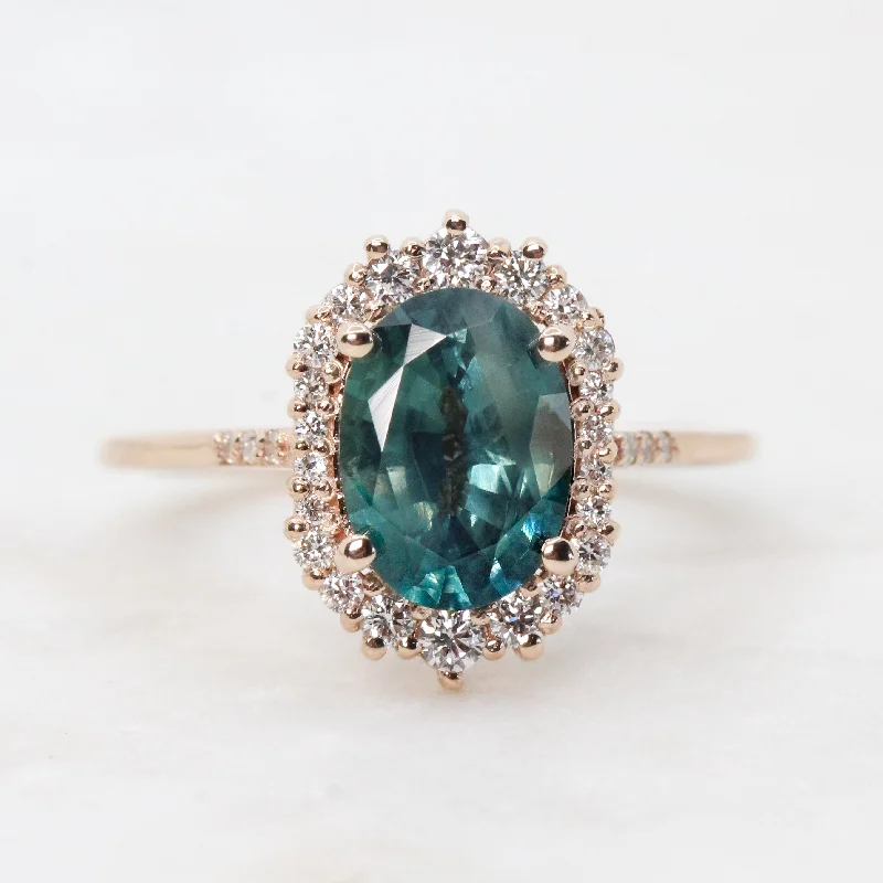 women's engagement rings with split band and halo -Project: Custom Grace 2 Carat Teal Sapphire and White Accent Diamonds in 14k