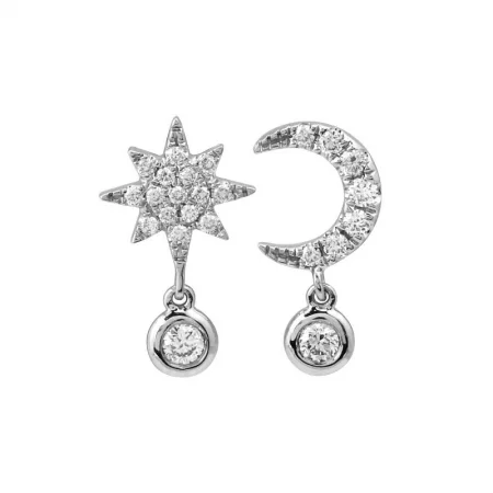 women's earrings with aquamarine -14k White Gold Moon & Star Diamond Stud Earrings