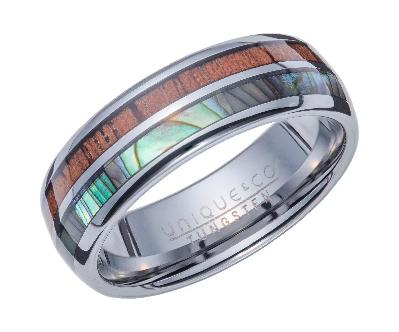 women's rings with amethyst -Unique & Co Tungsten Ring With Wood And Abalone Shell