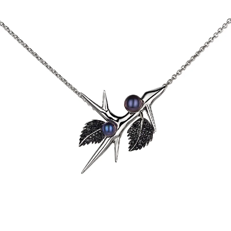 women's necklaces with amethyst -Blackthorn Branch Pendant - Silver, Black Spinel & Black Pearl