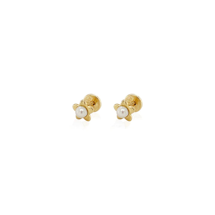 women's earrings with multi-stone design -18K Yellow Gold Pearl and Star Children's Earring