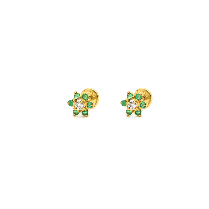 women's earrings with stacked diamonds -18K Yellow Gold Emerald and CZ Flower Children's Earrings