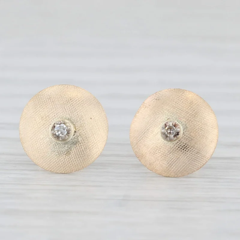 women's earrings with floral pattern -Diamond Solitaire 14k Brushed Yellow Gold Button Stud Earrings