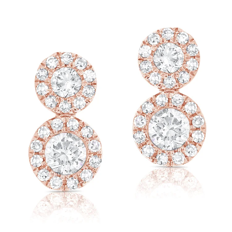 women's earrings with elongated look -14K Rose Diamond Double Halo Earrings