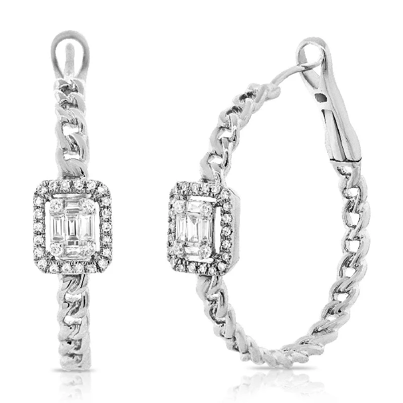 women's earrings with oval-cut gemstone -14K White Gold Baguette Diamond Curb Link Hoop Earrings