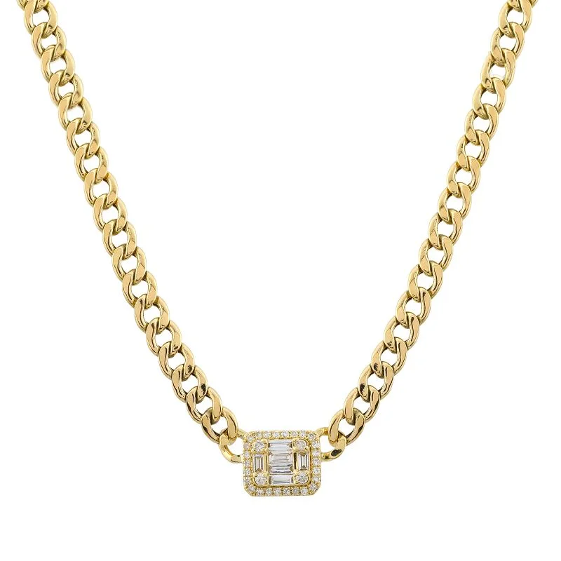 women's necklaces gold -Yellow Gold Illusion Emerald Diamond Cuban Link Chain