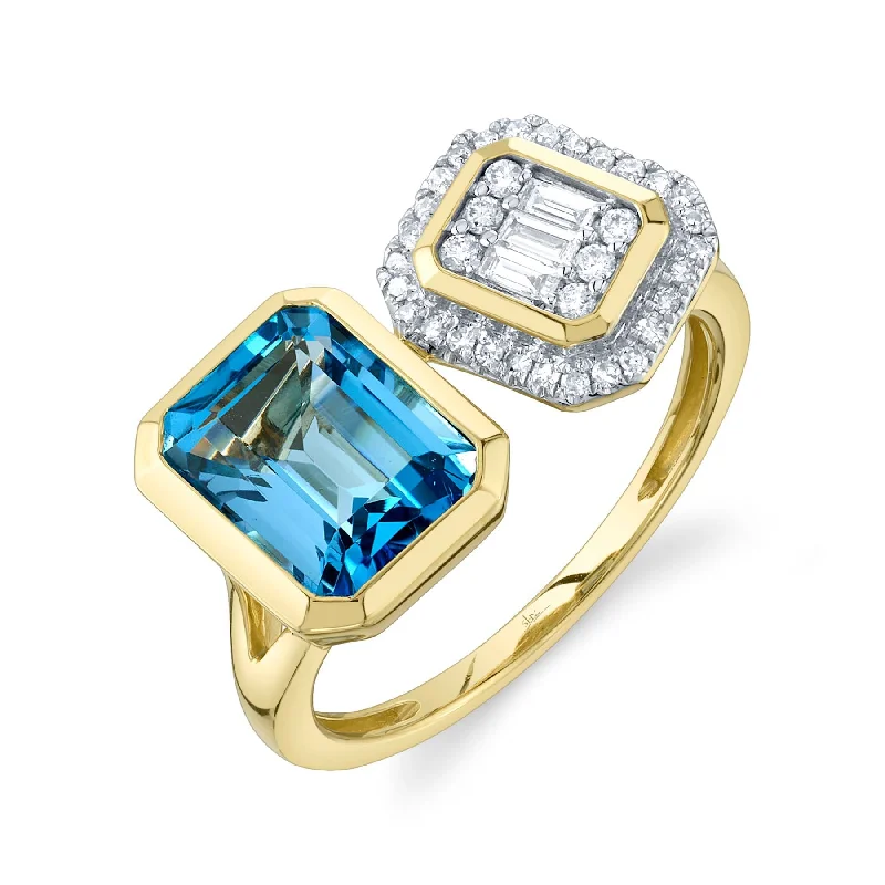 women's engagement rings with bold gemstone center -14K Yellow Gold Diamond & Blue Topaz Baguette Ring