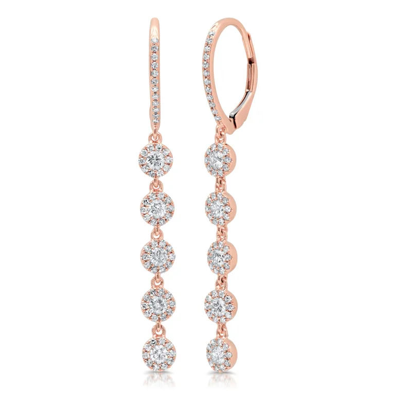 women's earrings with round-cut diamond -14K Rose Gold Diamond Halo Dangle Earrings