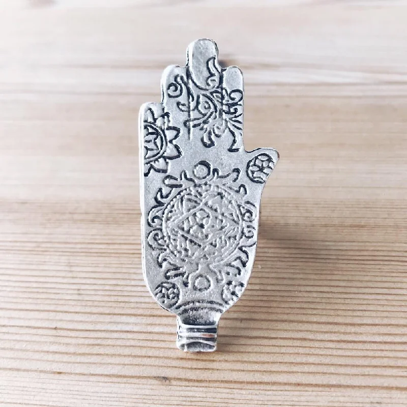 women's rings with floral side accents -Anatolian Boho Ring - "Ornate Hamsa"