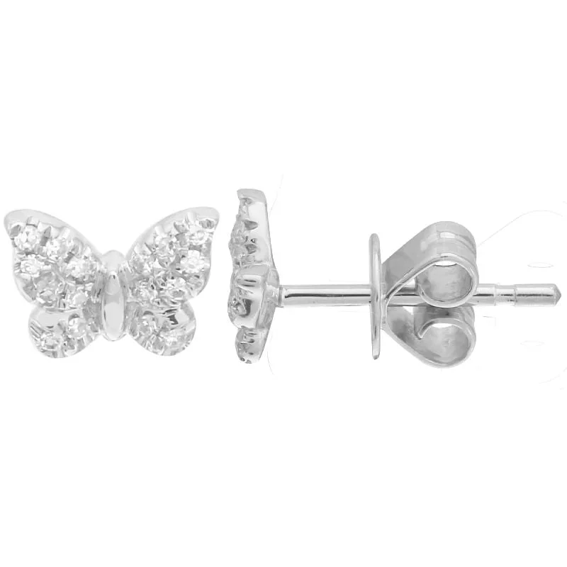 women's earrings with halo setting -14K White Gold Mini Butterfly Diamond Earrings