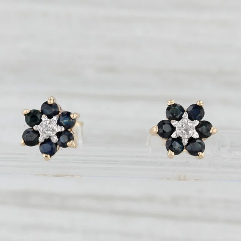 women's earrings with bohemian style -0.56ctw Blue Sapphire Flower Stud Earrings 10k Yellow Gold Diamond Accents