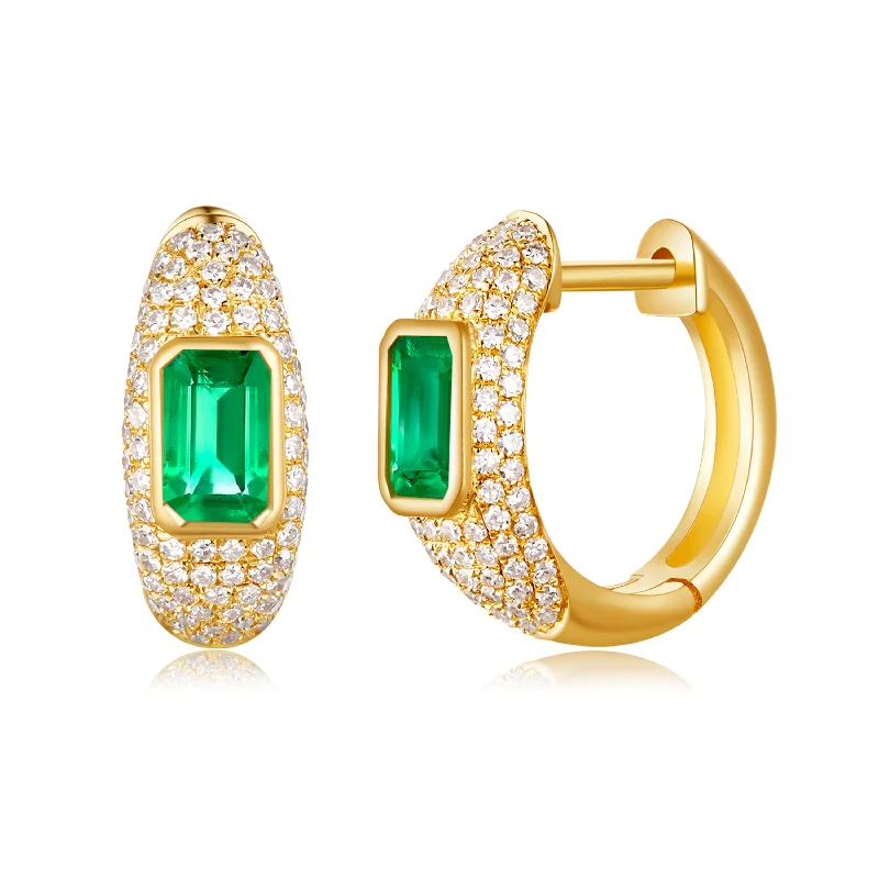 women's earrings with chandelier design -14K Yellow Gold Diamond + Emerald Huggie Earrings