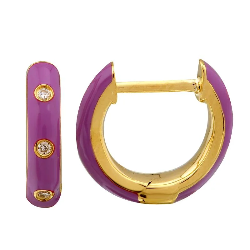 women's earrings with heart-shaped design -14k Yellow Gold Fushia Enamel & Diamond Huggie Earrings