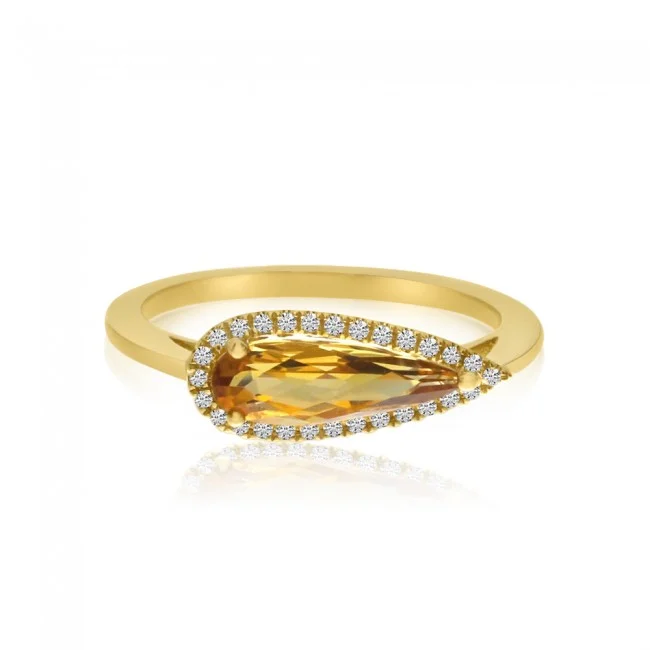 women's engagement rings with understated beauty -14K Yellow Gold Elongated Pear Citrine and Diamond Semi Precious Ring RM3959W