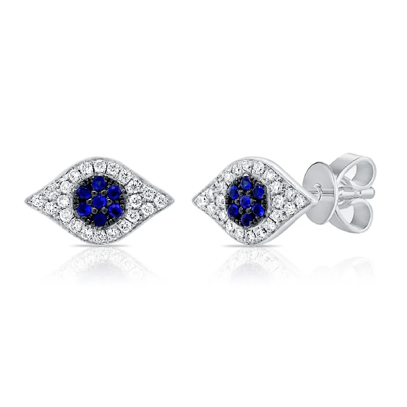 women's earrings with looped chains -14K White Gold Diamond + Blue Sapphire Evil Eye Earrings