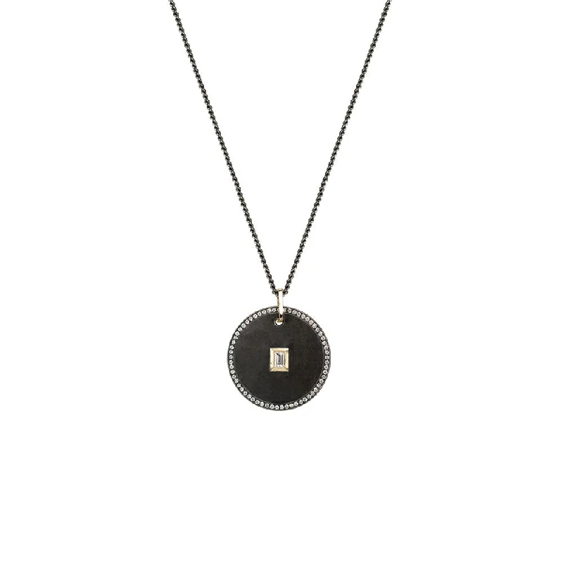 women's necklaces with trendy design -Sterling Silver Black Rhodium ODUS Disc Pendant with Baguette Round Diamonds