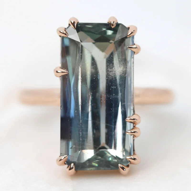 women's rings with floral design -Elena Ring with a 10.75 Carat Emerald Cut Green Blue Bicolor Sapphire in 14k Rose Gold - Ready to Size and Ship