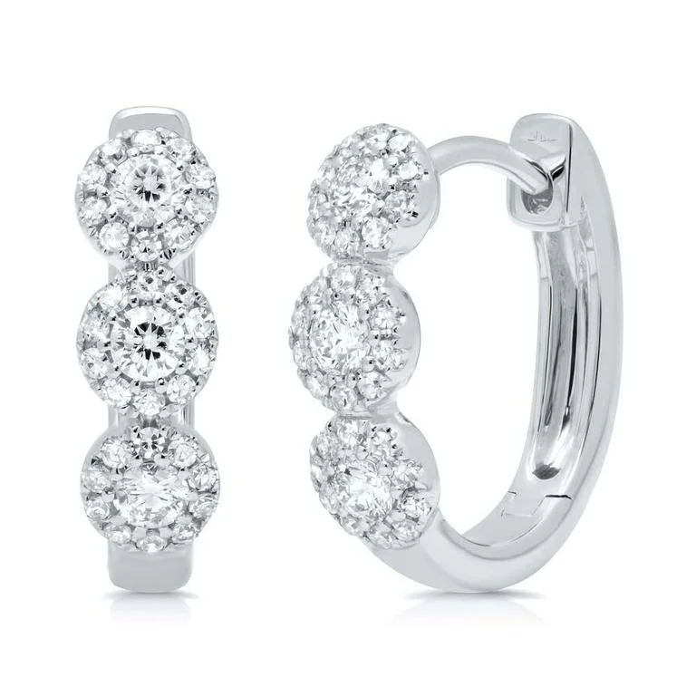 women's earrings with celestial stars -14K White Gold Diamond Triple Halo Huggie Earrings