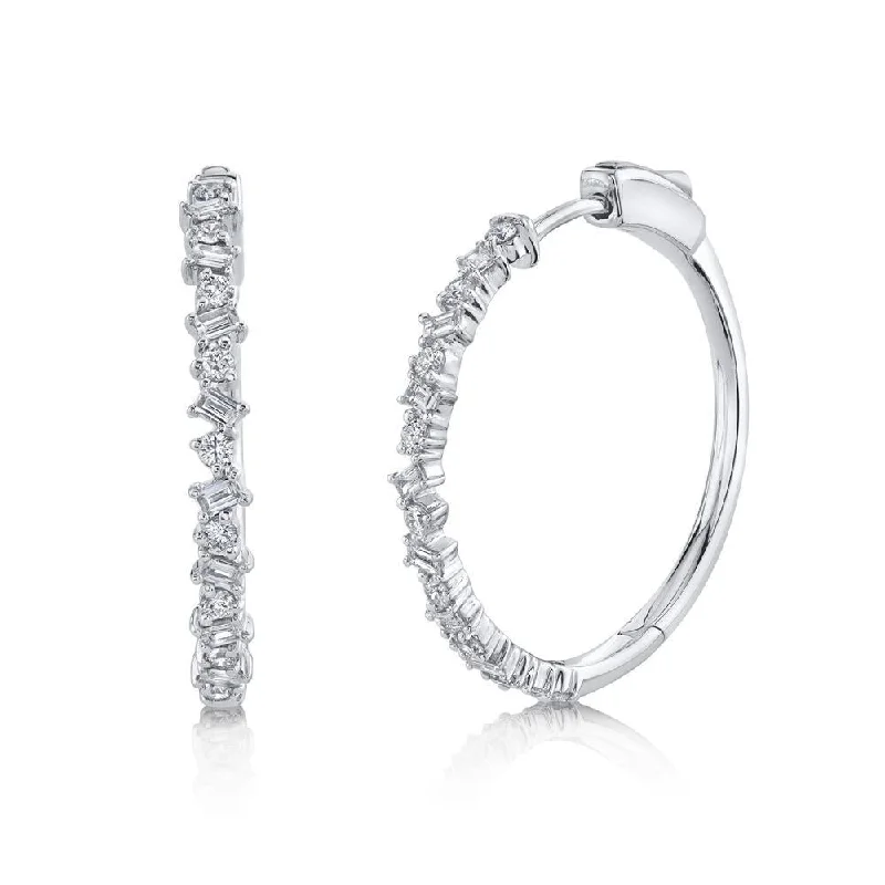 women's earrings with yellow gold finish -14K White Gold Round+Baguette Diamond Hoop Earrings