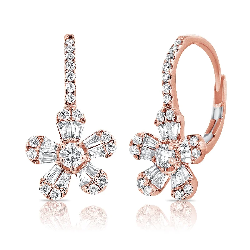 women's earrings with emerald-cut diamond -14K Rose Gold Diamond Baguette Drop Flower Earrings