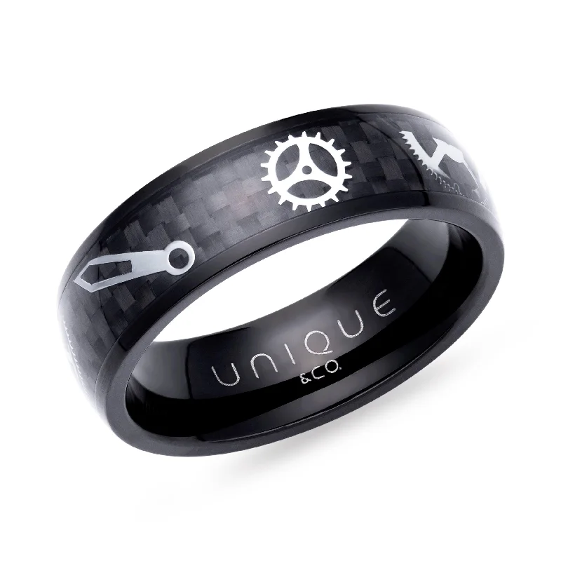 women's rings with gemstone -Unique & Co Steel Black IP And Black Carbon Fibre Ring