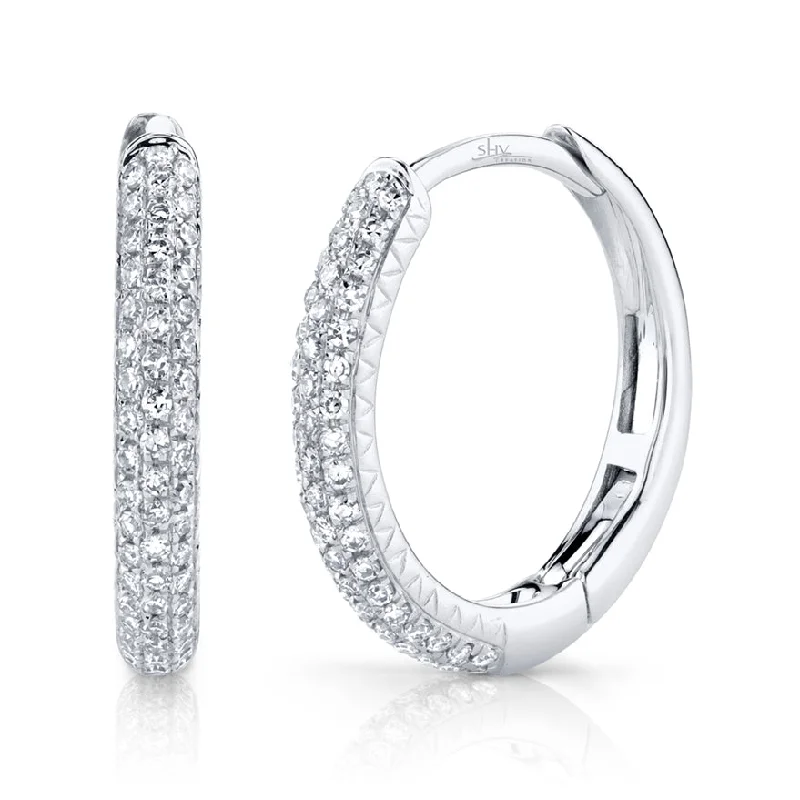 women's earrings with single pearl -14K White Gold Diamond Pave Hoop Earrings