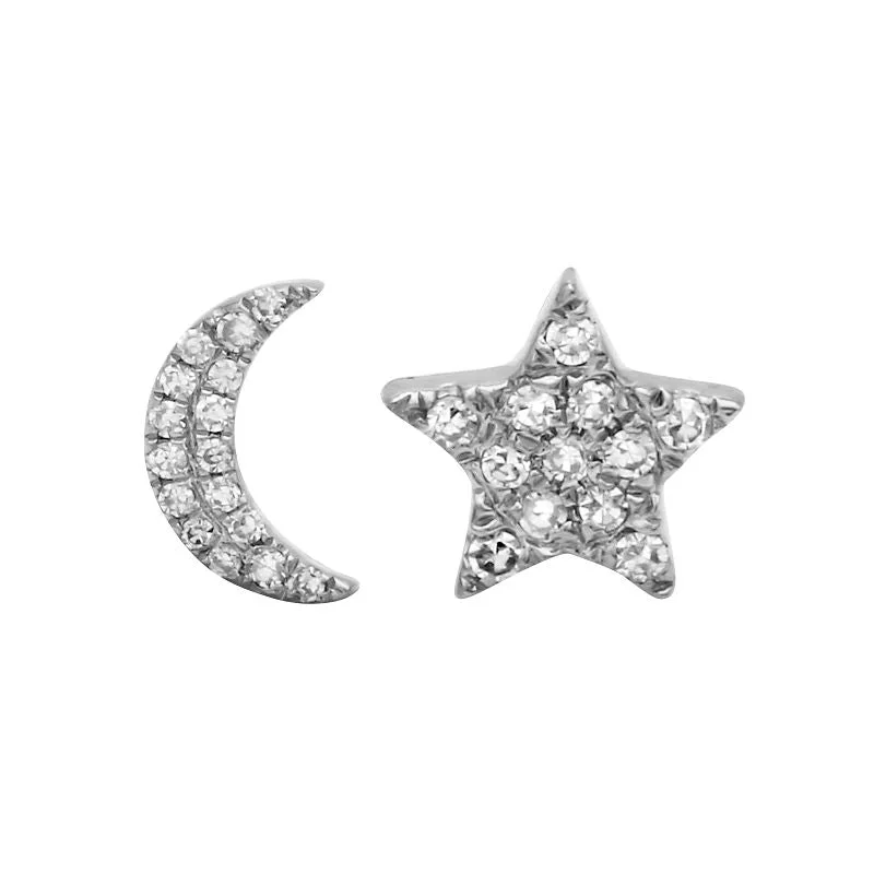 women's earrings with bohemian style -14K White Gold Diamond Moon + Star Stud Earrings