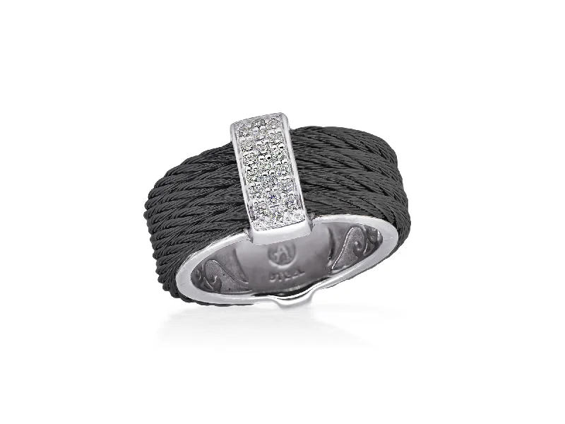 women's engagement rings with rose-cut diamond -ALOR Black Cable Petite Monochrome Ring with 18kt White Gold & Diamonds