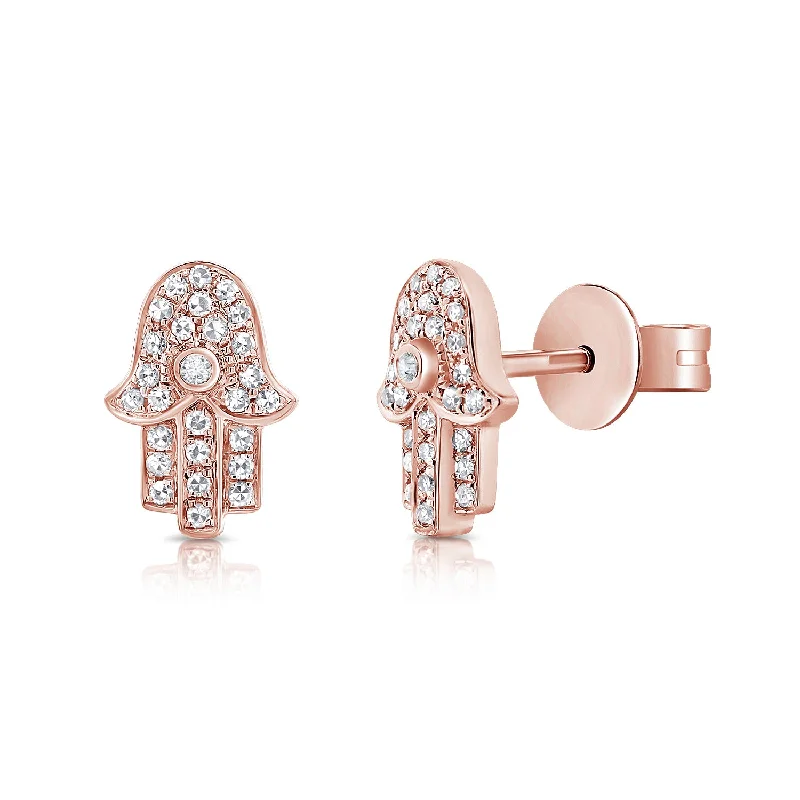 women's earrings with geometric shapes -14K Rose Gold Diamond Hand of God Stud Earrings