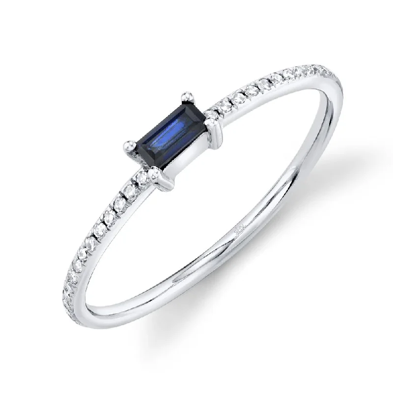 women's engagement rings with diagonal band -14K White Gold Diamond and Blue Sapphire Lady’s Ring