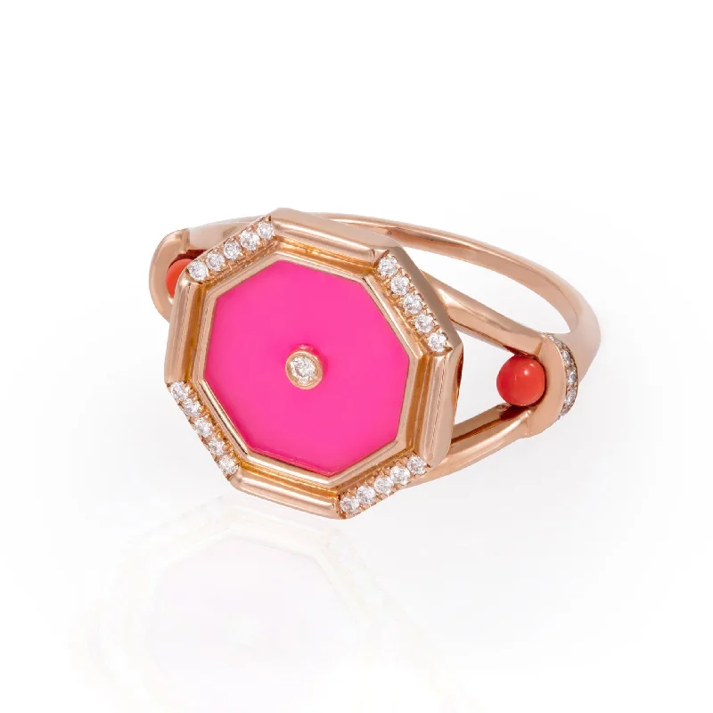 women's rings with dainty band -Hexagon Amulet Pinky Ring, Pink Agate