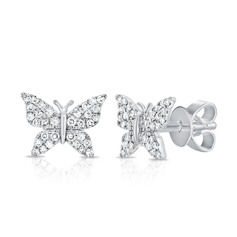 women's earrings with white gold finish -14K White Gold Diamond Pave Butterfly Stud Earrings