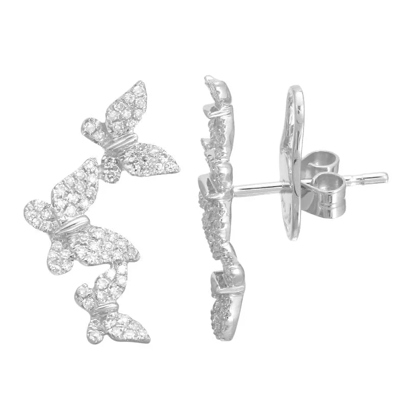 women's earrings silver -14K White Gold Triple Butterfly Diamond Earrings