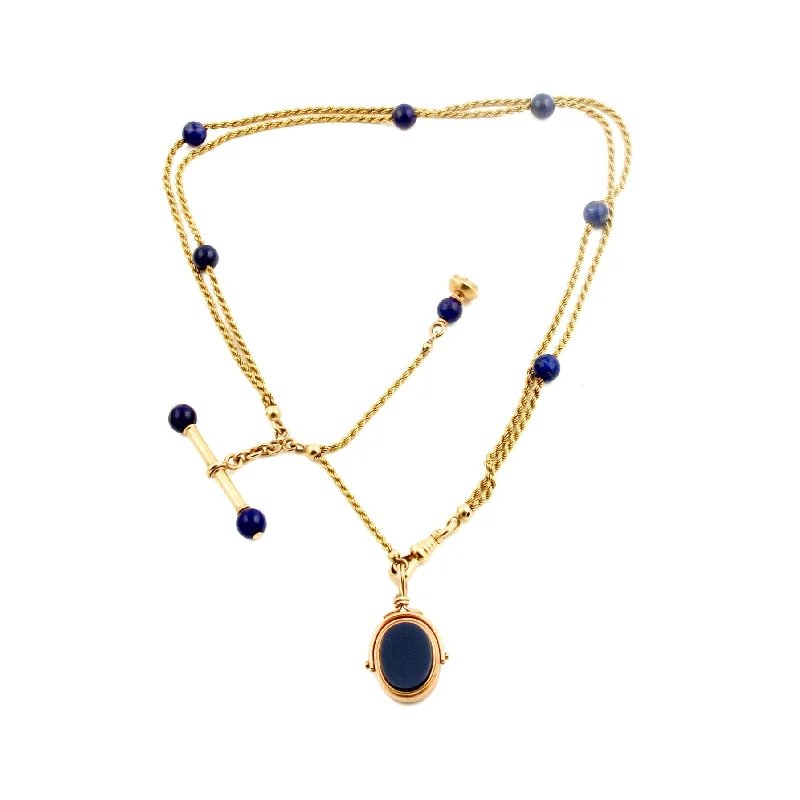 women's necklaces with matching earrings -Antique French Watch Chain Lapis x 18KT Gold