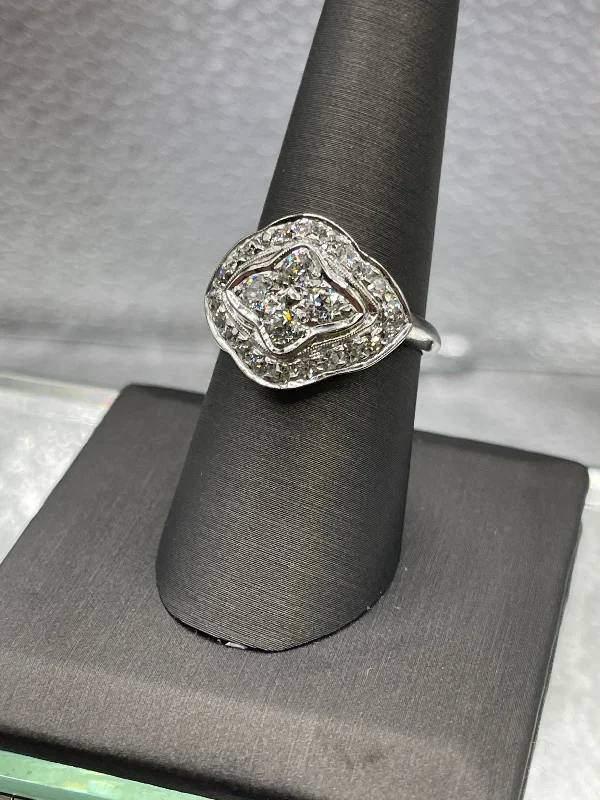 women's engagement rings with milgrain detailing -Ladies Antique 14 Karat White Gold Diamond Cluster Cocktail Ring