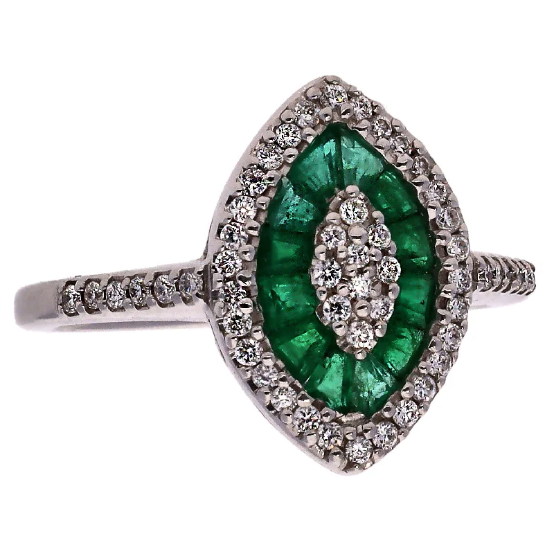 women's engagement rings with side diamond baguettes -14K White Gold Emerald and Diamond Marquise Shaped Ring