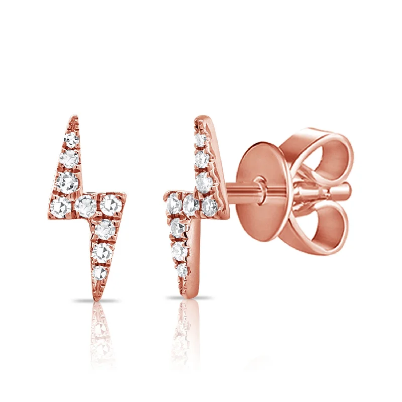 women's earrings with cubic zirconia -14K Rose Gold Diamond Lightning Bolt Stud Earrings