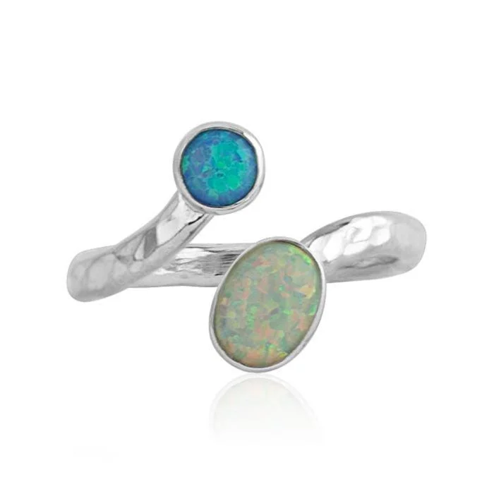 women's rings with mixed metal design -Lavan White and Blue Opal Ring - Adjustable